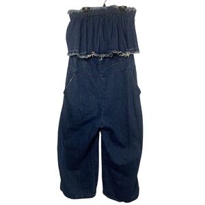 Anthropologie Hei Hei XL Off the Shoulder Frayed Denim Cropped Wide Leg Jumpsuit